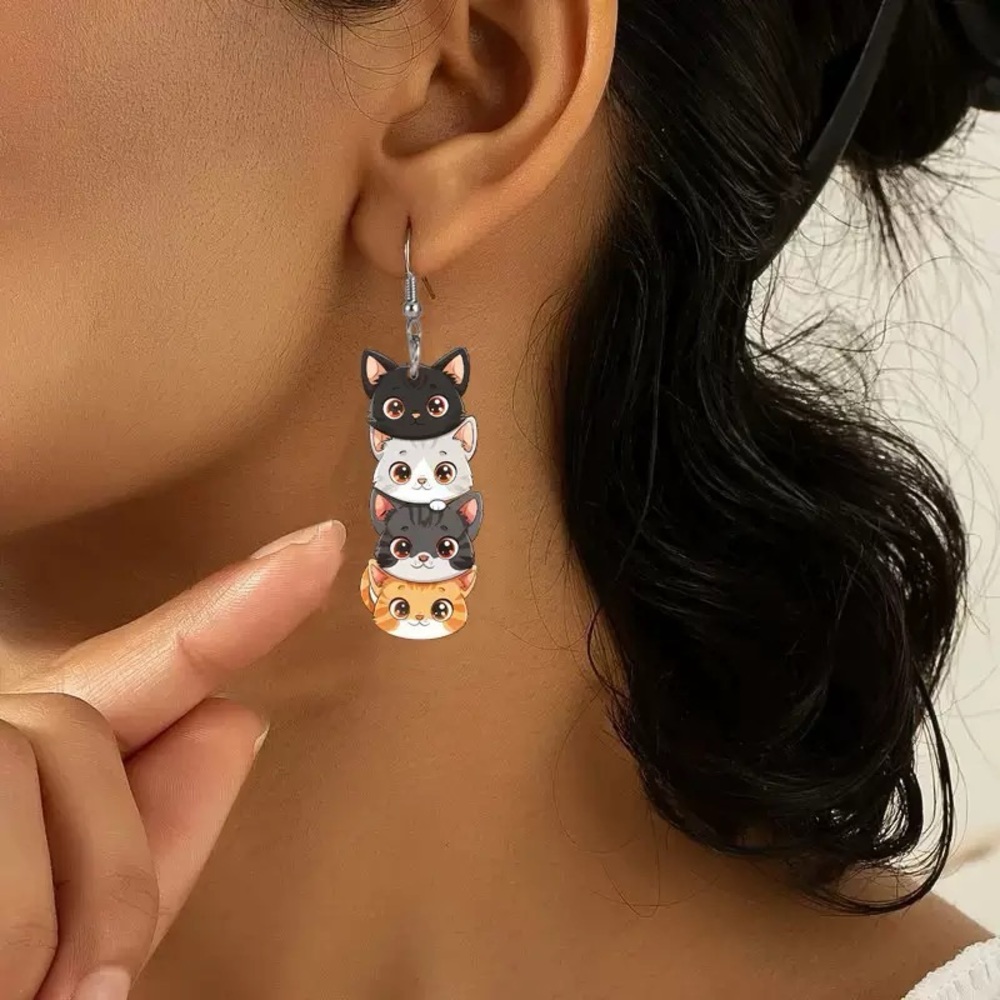 Zara Multicolor Stack Cat Dangle Earrings - Black… - image 2